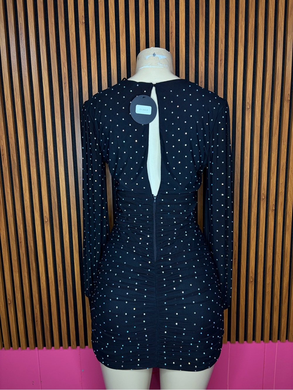 Symphony Black Long-Sleeve Mini Dress with Metallic Dots